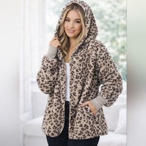 Leopard-Print Hooded Teddy Jacket - Beige